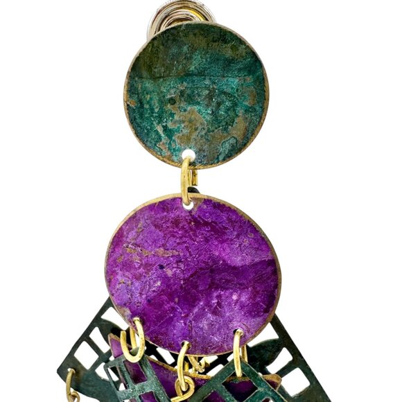 Statement Dangle Earrings Purple Green Geometric Brass Details Gemstone Accents - Picture 2 of 7